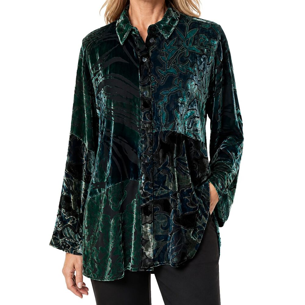 Chico's Design Burnout Velvet Blouse XL Green Silk Sheer Button Front Vintage
